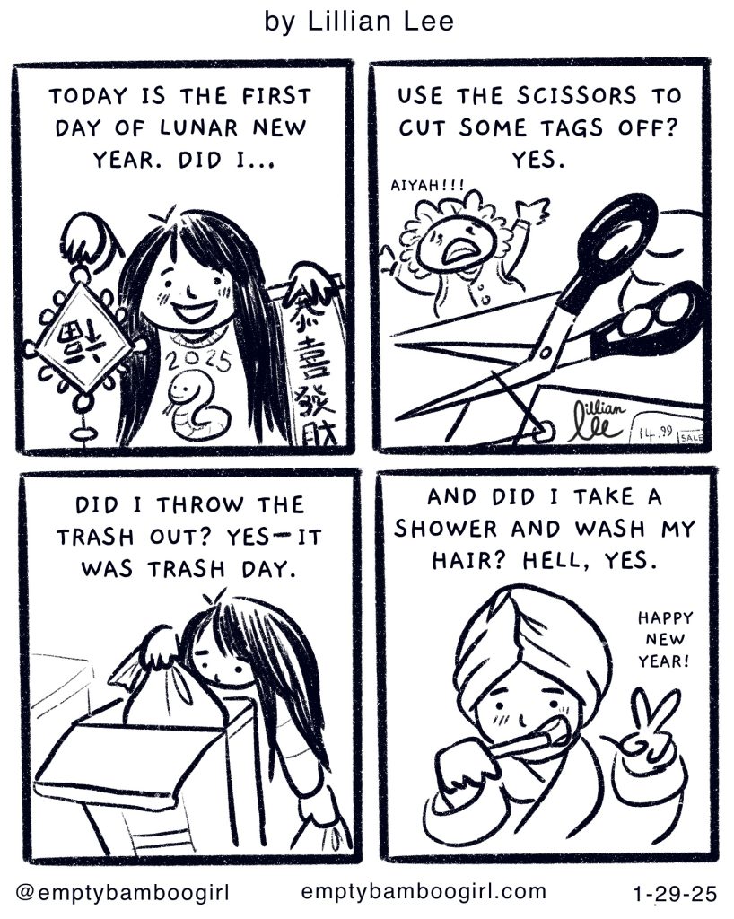 Happy Lunar New Year Day 4 panel comic strip about not following the rituals by Lillian Lee