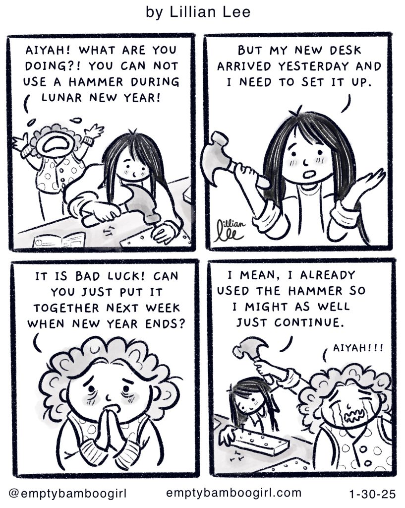 4 panel comic about Lunar New Year superstitions like using the hammer which is bad luck.