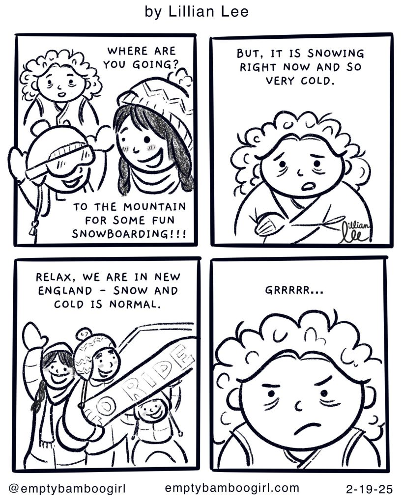 a 4-panel snowboarding comic by Lillian Lee
