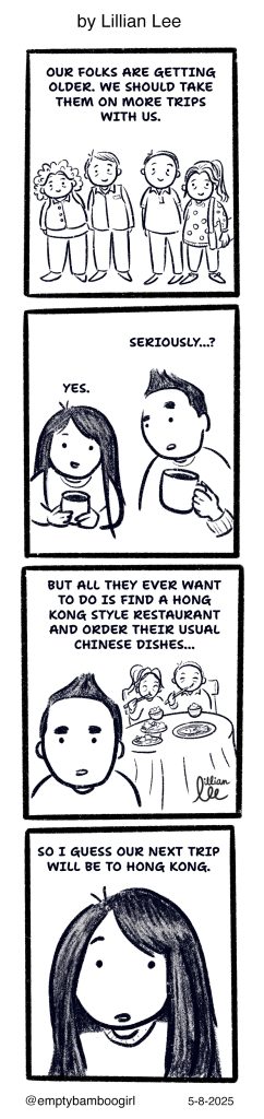4-panel comic strip about older Chinese folk needing Chinese. food.