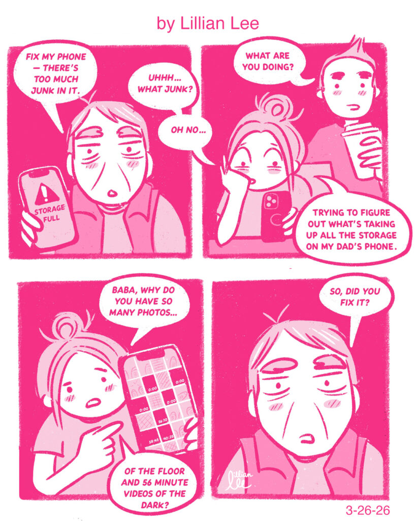 A 4-panel comic strip for Sampan Newspaper depicting a relatable tech support moment between a child and their father regarding a smartphone with full storage.