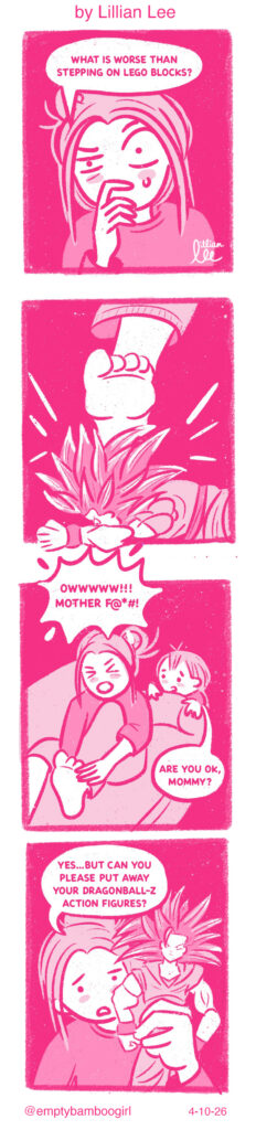 Illustration of a character walking through a dark room, narrowly missing various toys until she steps directly on the sharp, yellow spikes of a Goku action figure.