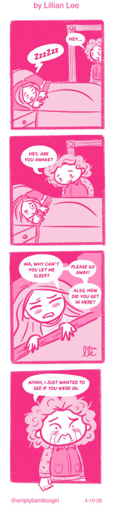 Illustration of a character walking into her daughter's bedroom unannounced while the daughter is sick