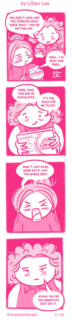 A satirical cartoon illustrating a contradictory mother-daughter dynamic.