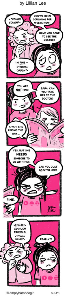 4 panel comic strip about a daughter trying to get her mother to go see the doctor by lillian lee