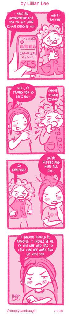 4 panel comic strip about patience by Lillian Lee