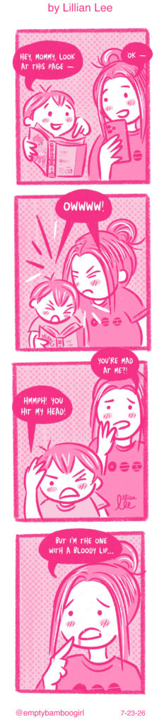 Parenting Pains, a 4-panel comic by Lillian Lee for the Sampan Newspaper