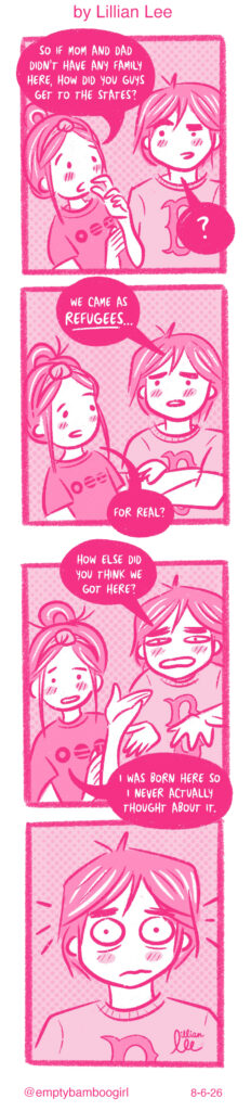 Sibling Talk, a 4-panel comic by Lillian Lee for the Sampan Newspaper